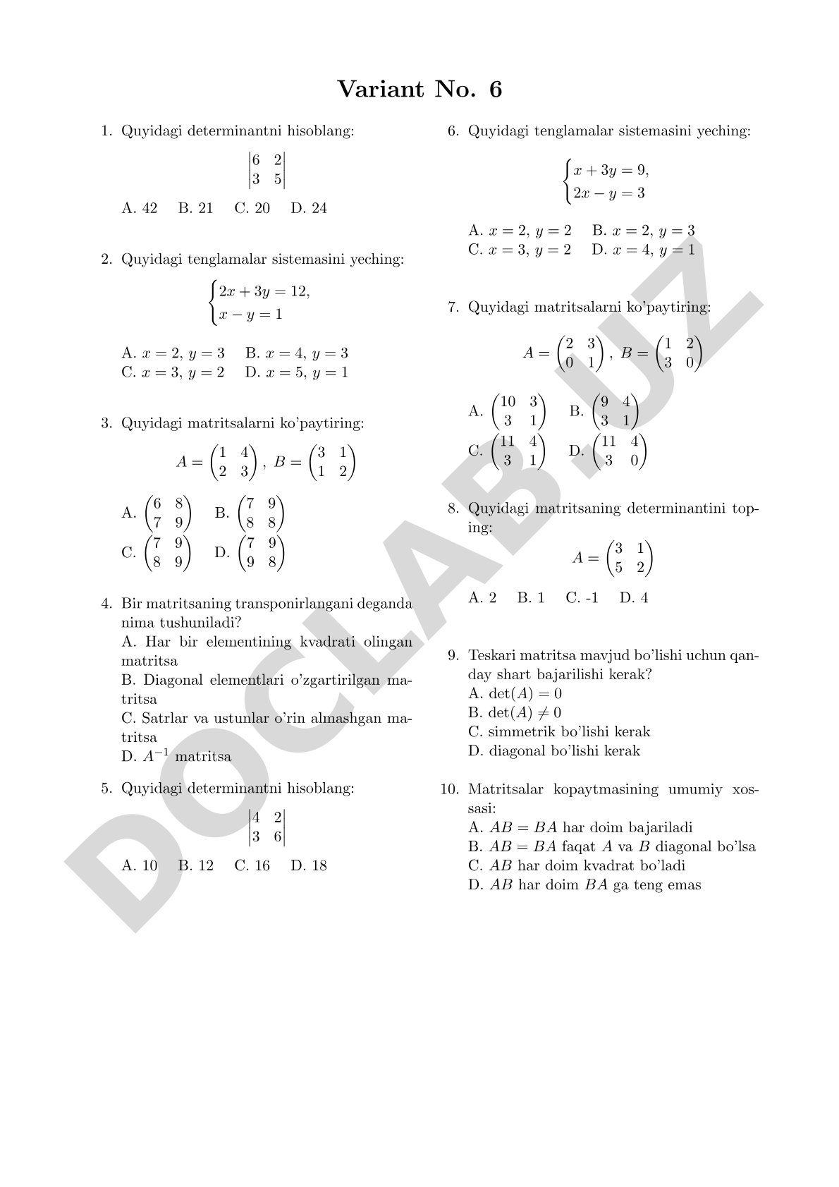 Chiziqli algebra fanidan test