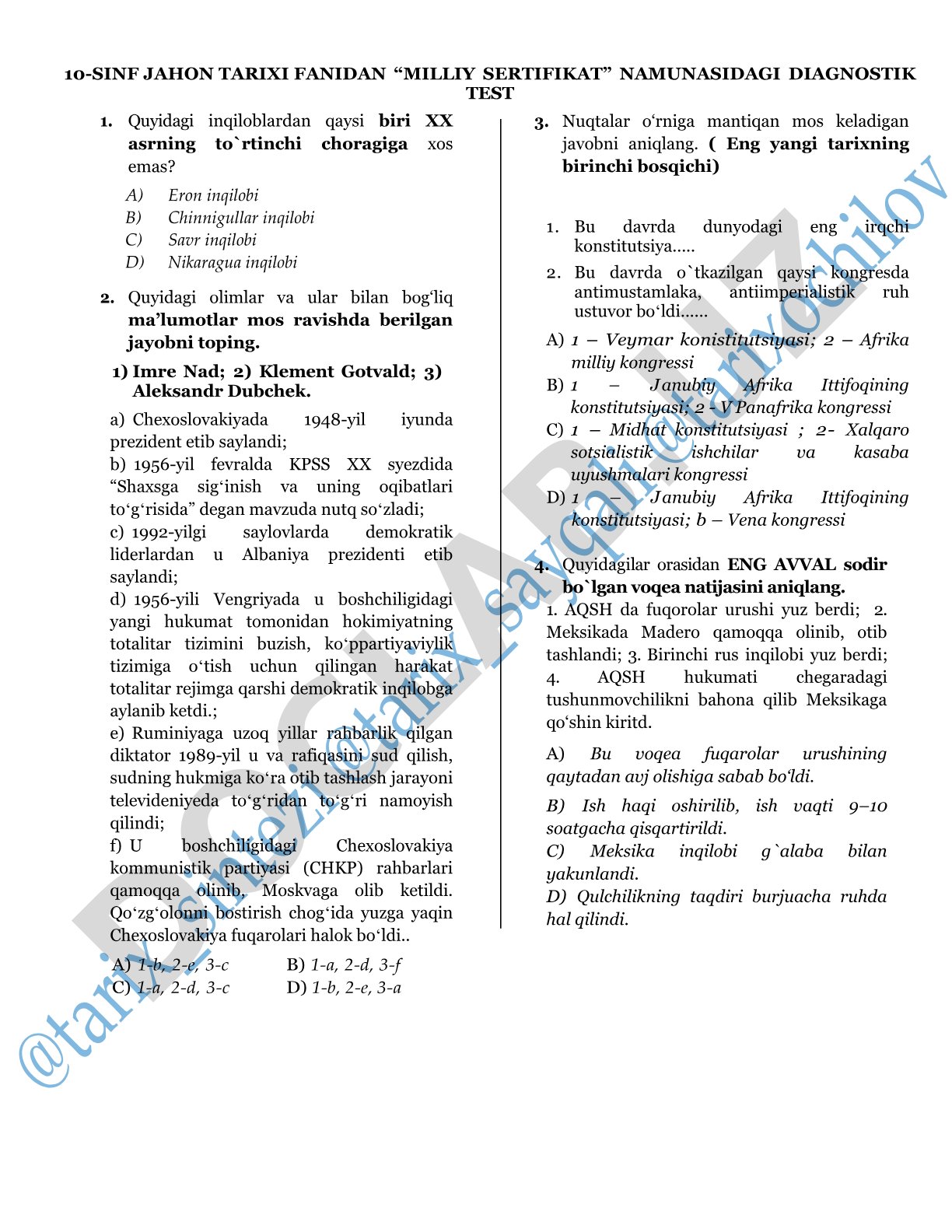 10-sinf jahon tarixi fanidan milliy sertifikat diagnostik test