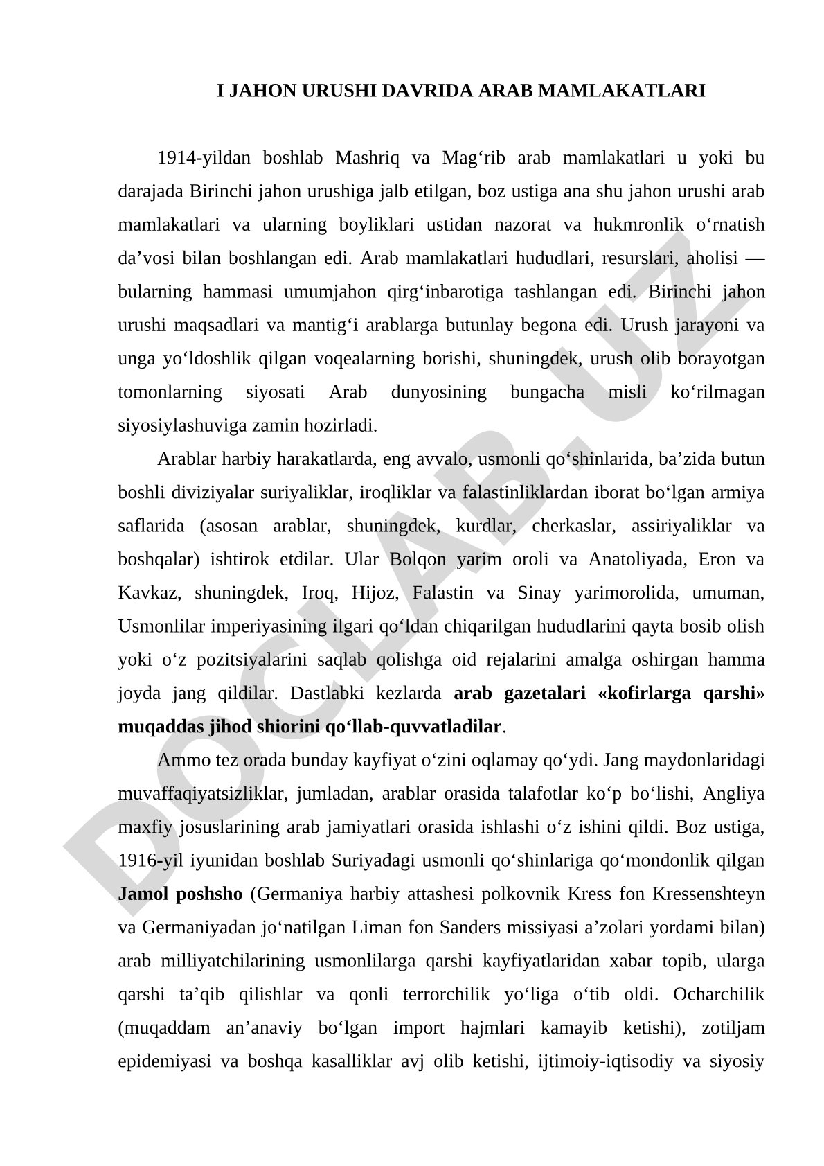 Birinchi jahon urushi davrida Arab mamlakatlari