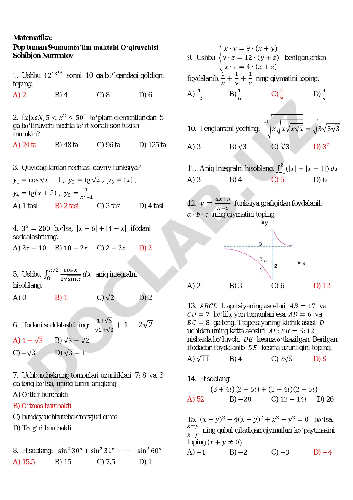 Matematika fanidan test savollari
