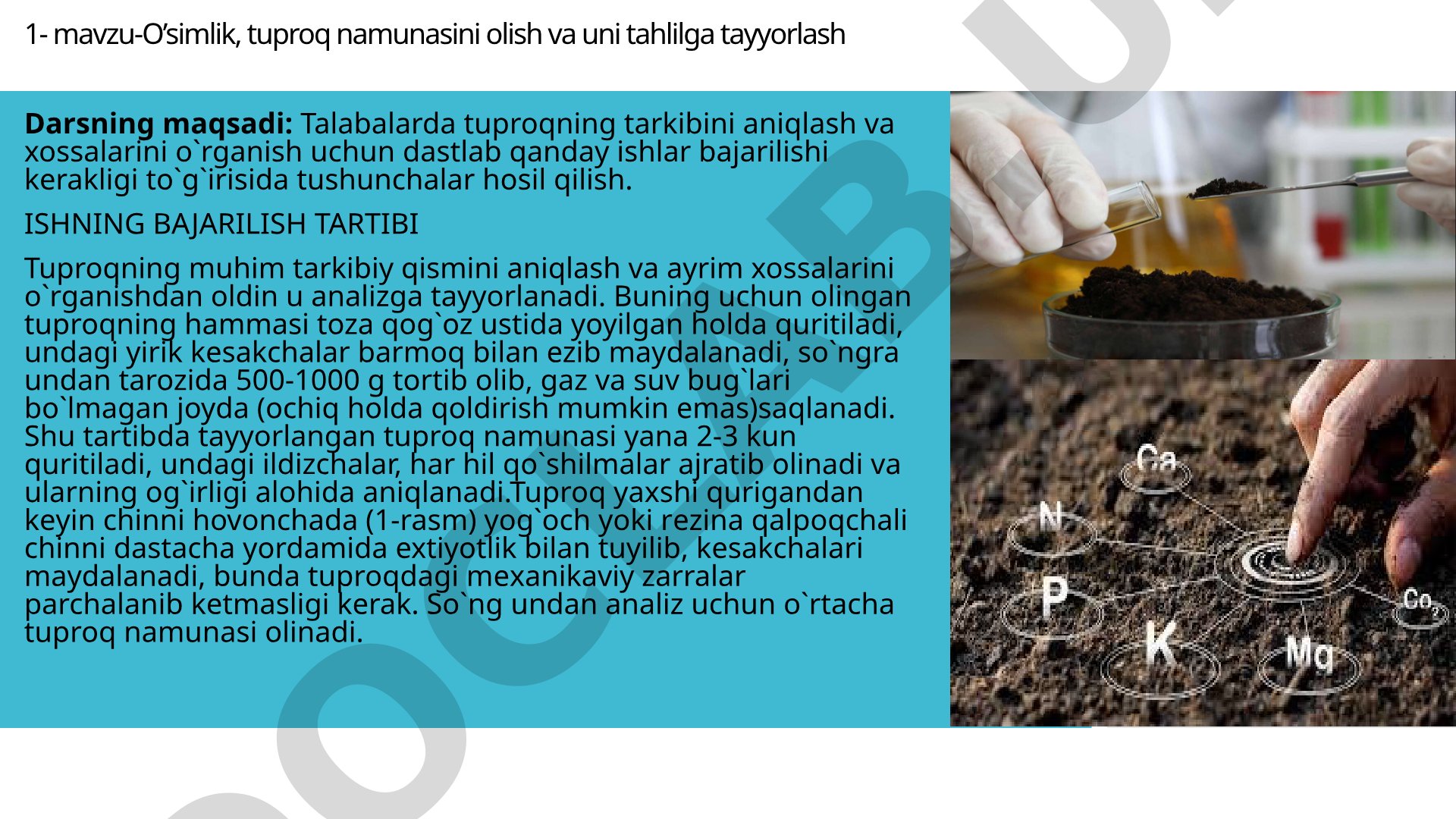 O’simlik, tuproq namunasini olish va uni tahlilga tayyorlash