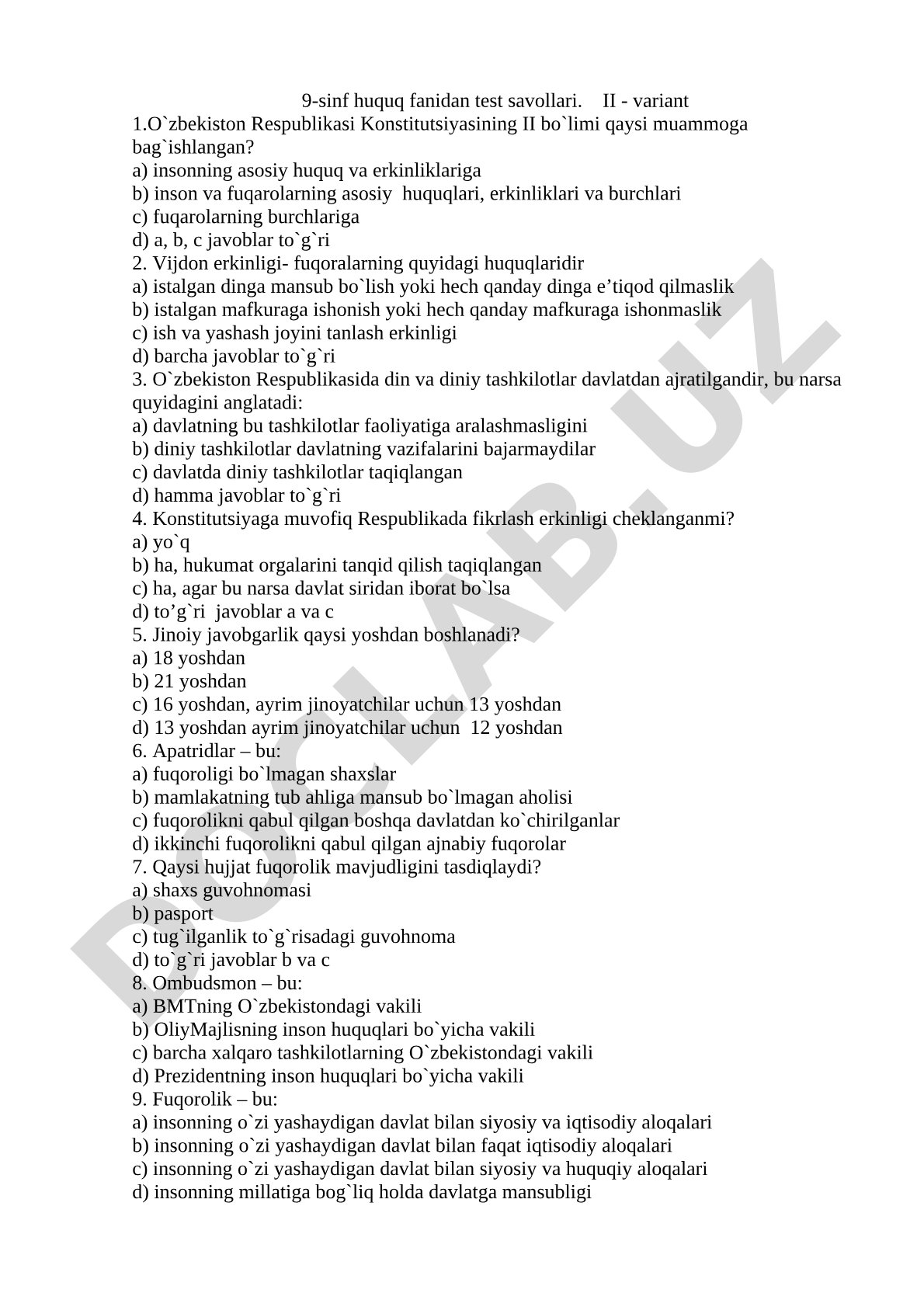 9-sinf huquq fanidan test savollari