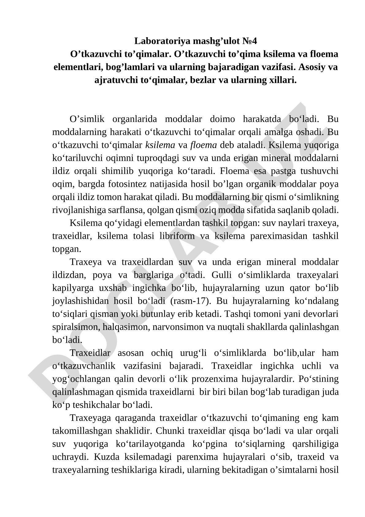 O'tkazuvchi to'qimalar ksilema va floema elementlari