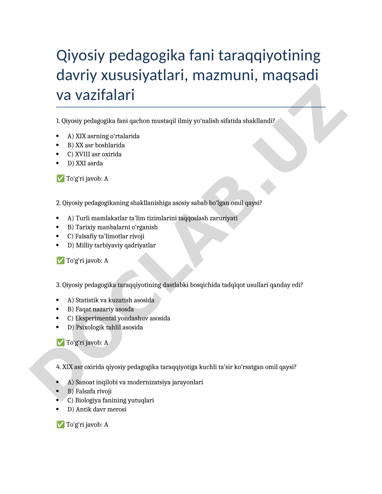 Qiyosiy pedagogika fani taraqqiyotining davriy xususiyatlari, mazmuni, maqsadi va vazifalari