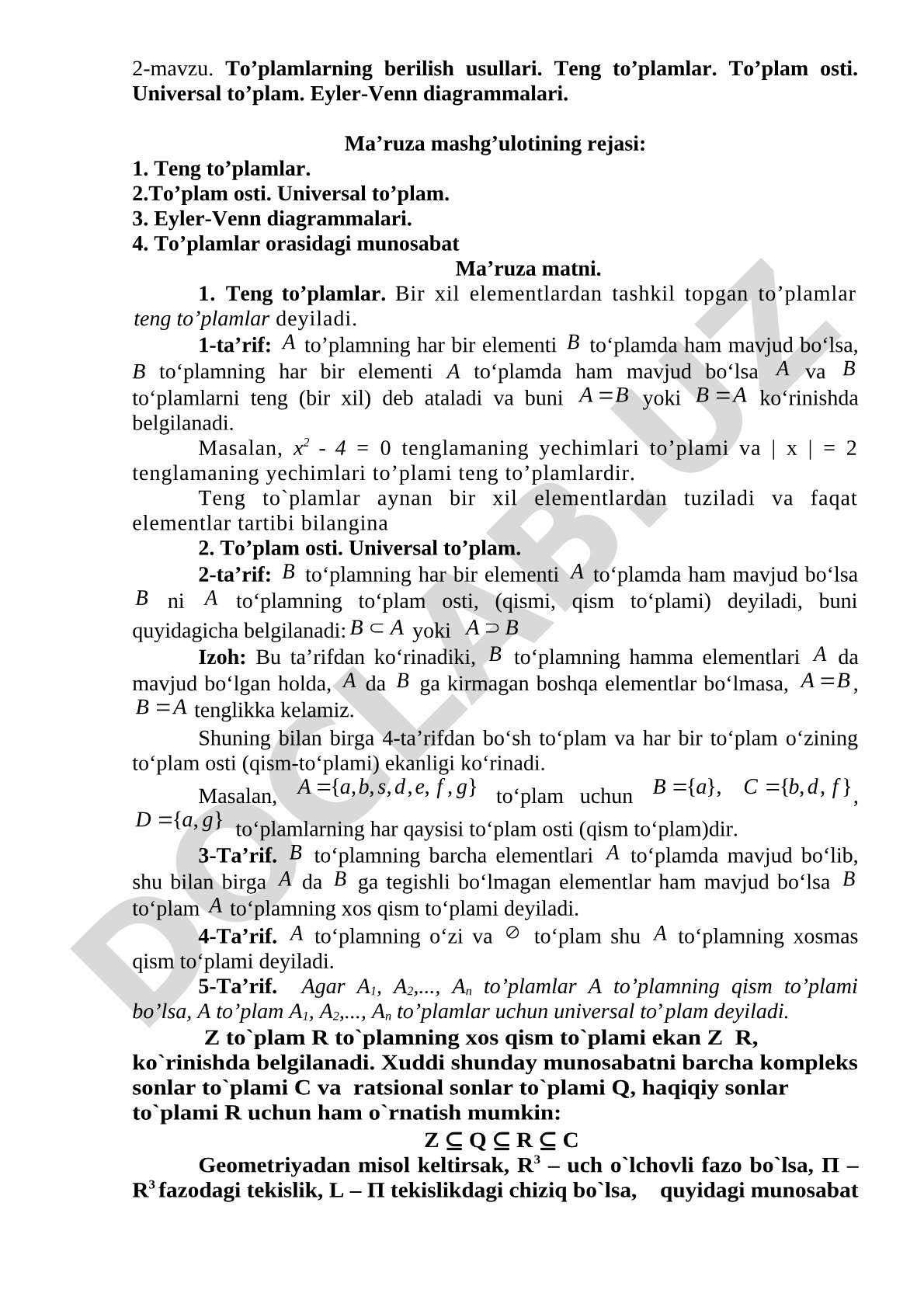 To’plamlarning berilish usullari. Teng to’plamlar. To’plam osti. Universal to’plam. Eyler-Venn diagrammalari.