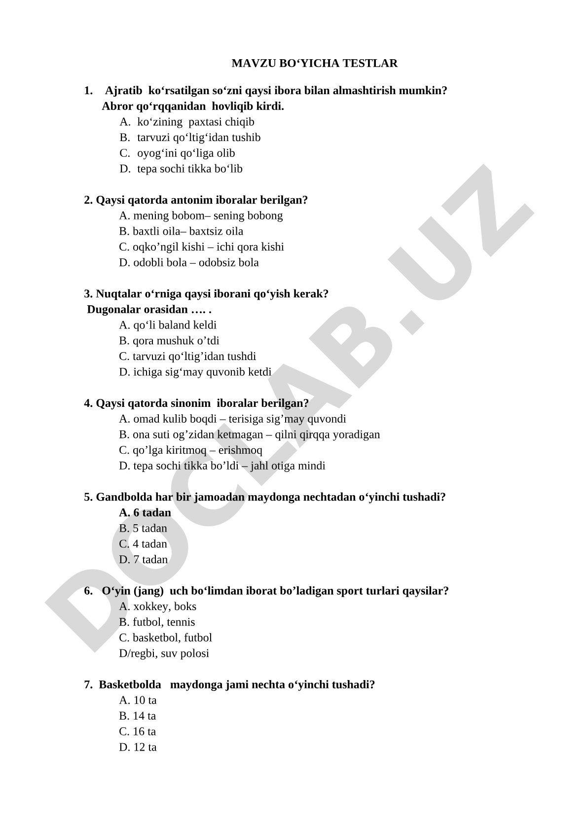 Iboralar va sport qoidalari bo'yicha testlar