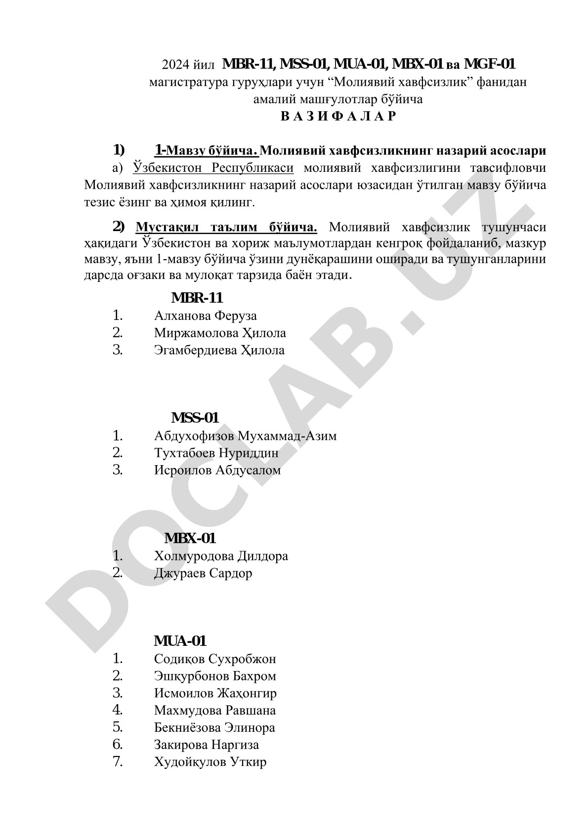 Молиявий хавфсизлик фанидан амалий машғулотлар бўйича вазифалар
