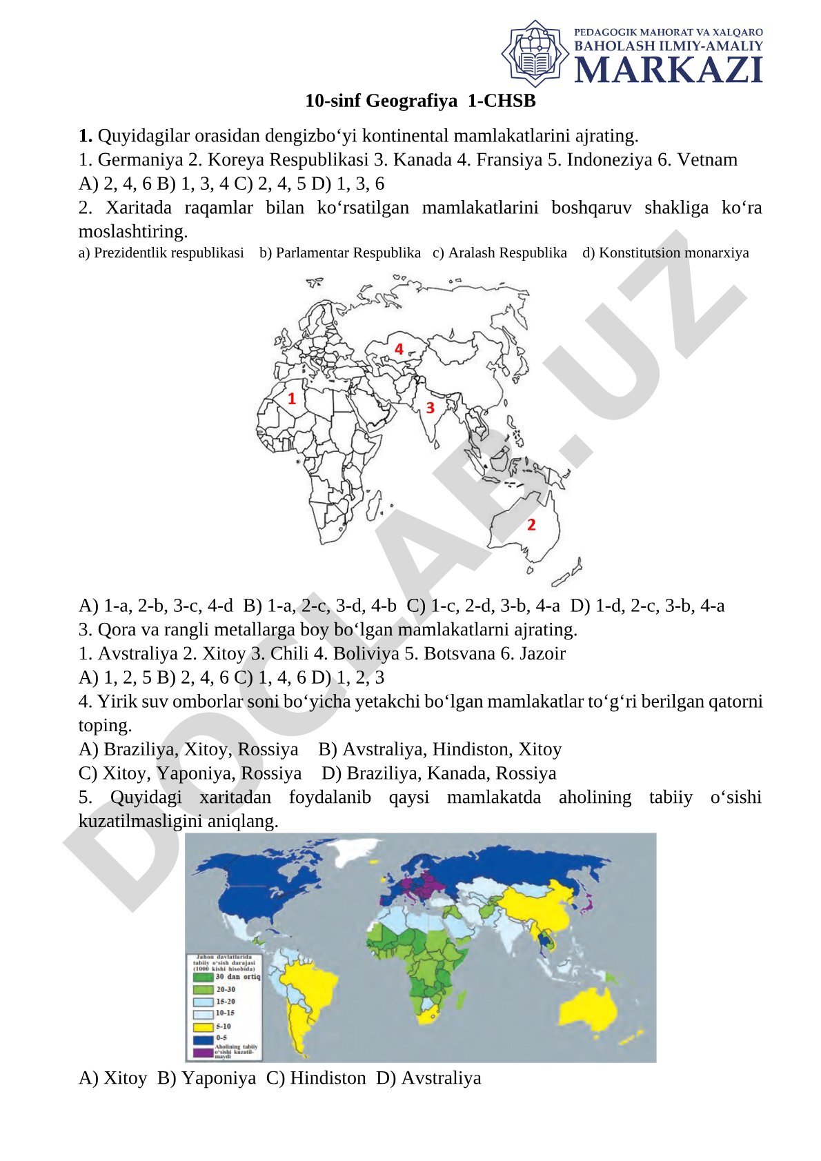 10-sinf geografiya fanidan 1-CHSB test savollari