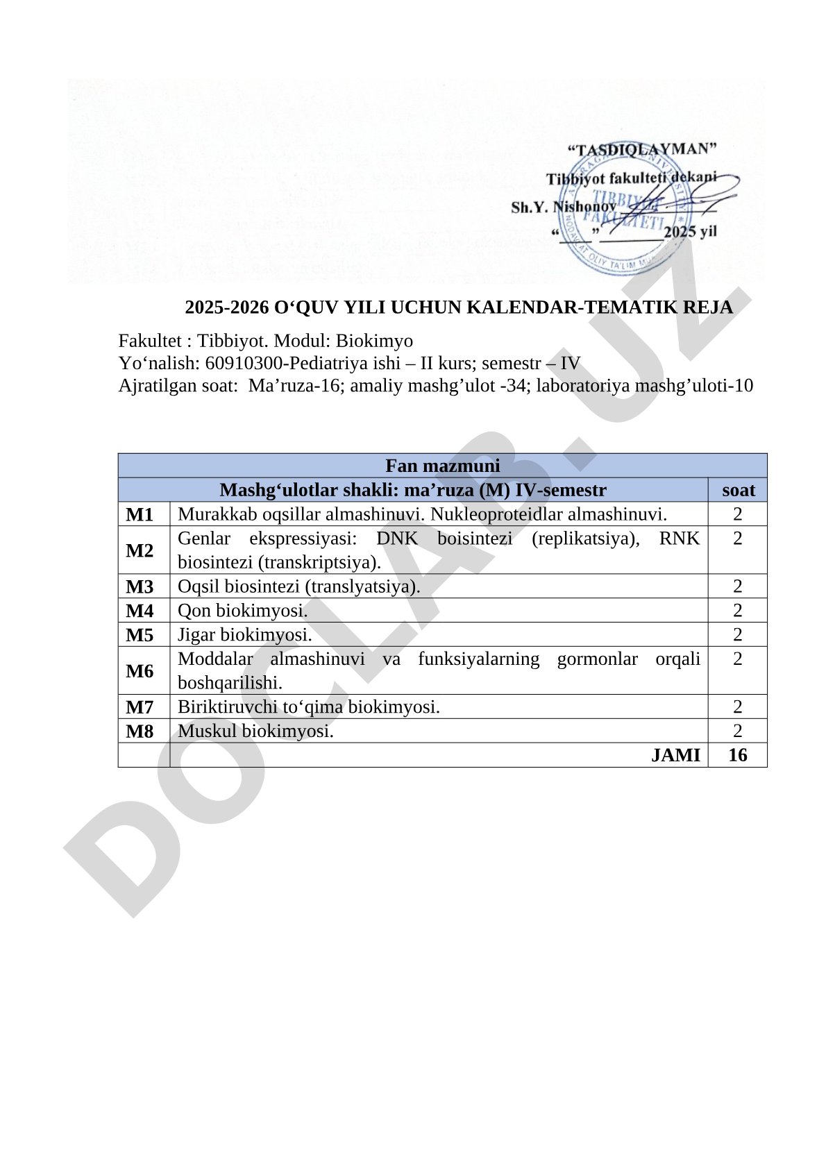 2025-2026 o'quv yili uchun kalendar-tematik reja: Biokimyo moduli