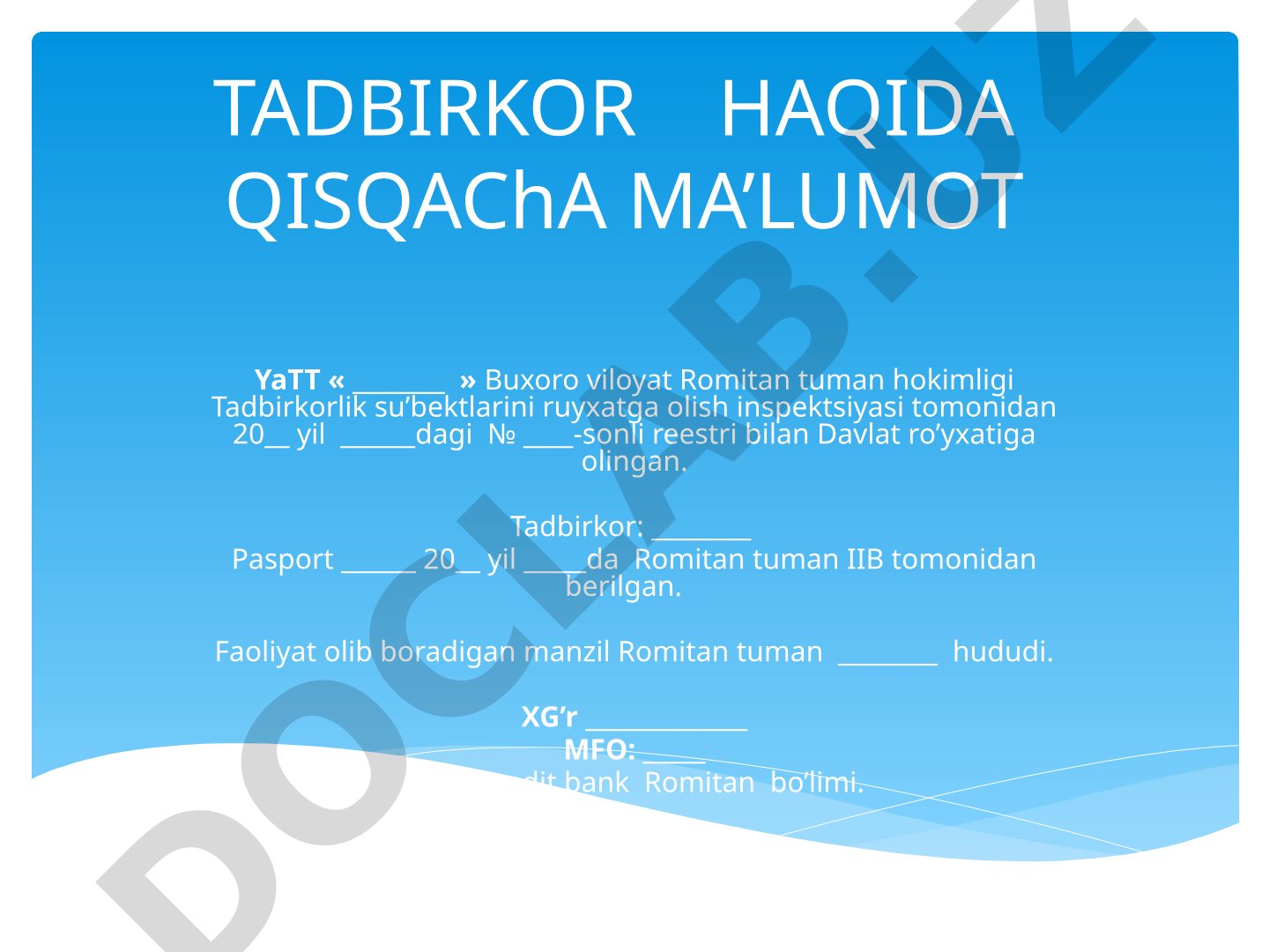 Tadbirkorlik faoliyati uchun kredit mablag'idan foydalanish rejasi