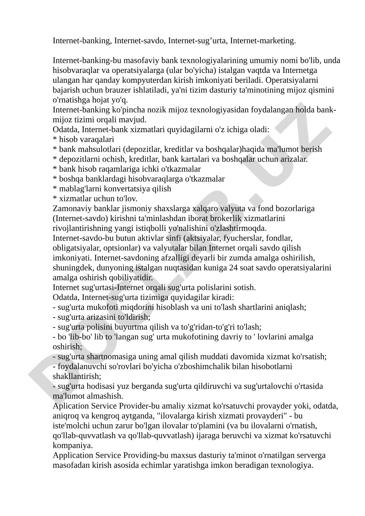 Internet-banking, Internet-savdo, Internet-sug'urta, Internet-marketing