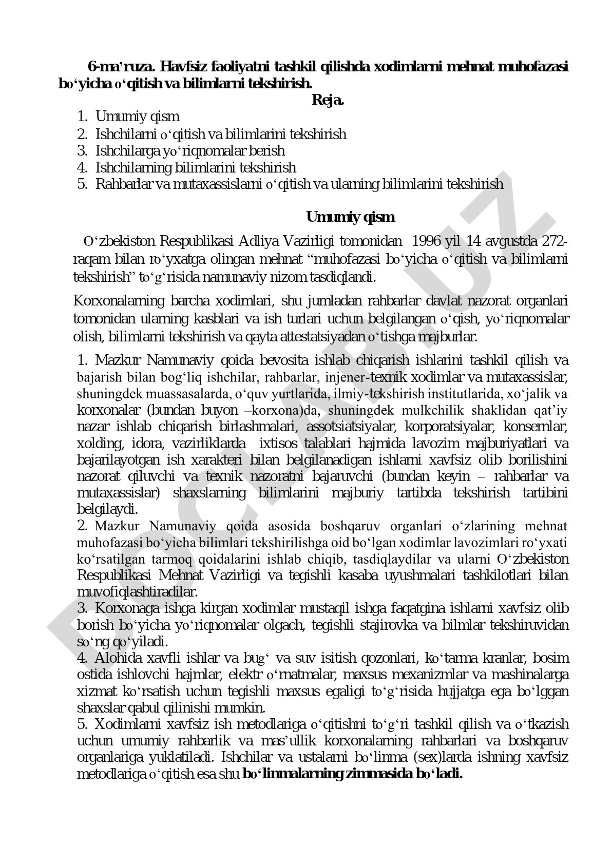 Havfsiz faoliyatni tashkil qilishda xodimlarni mehnat muhofazasi bo'yicha o'qitish va bilimlarni tekshirish