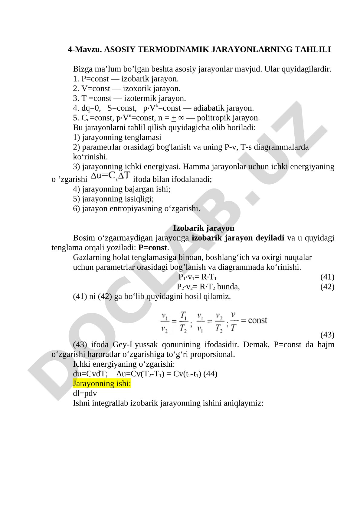 Asosiy termodinamik jarayonlarning tahlili