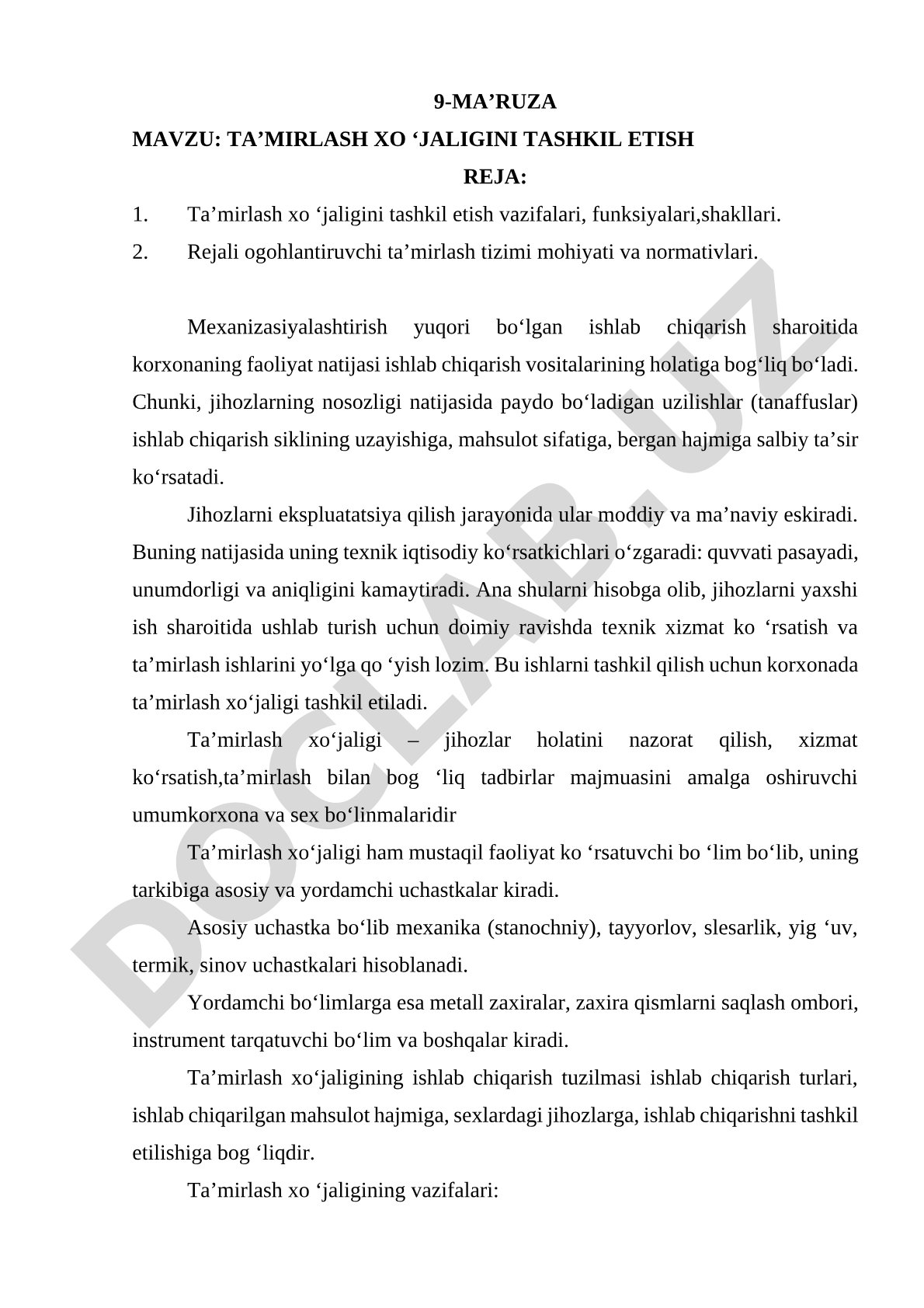Ta'mirlash xo'jaligini tashkil etish