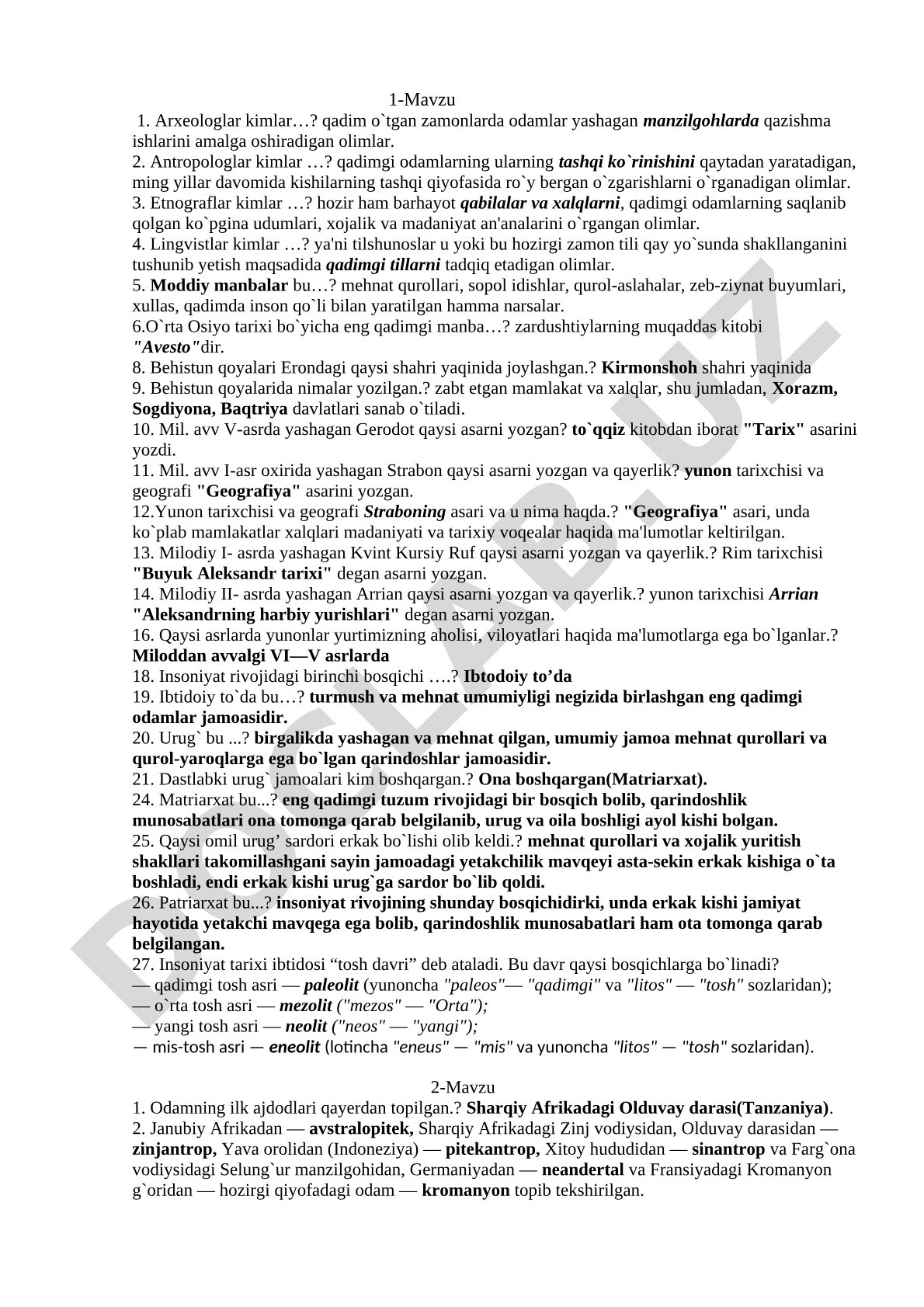Arxeologiya, antropologiya va qadimgi manbalar bo'yicha savollar