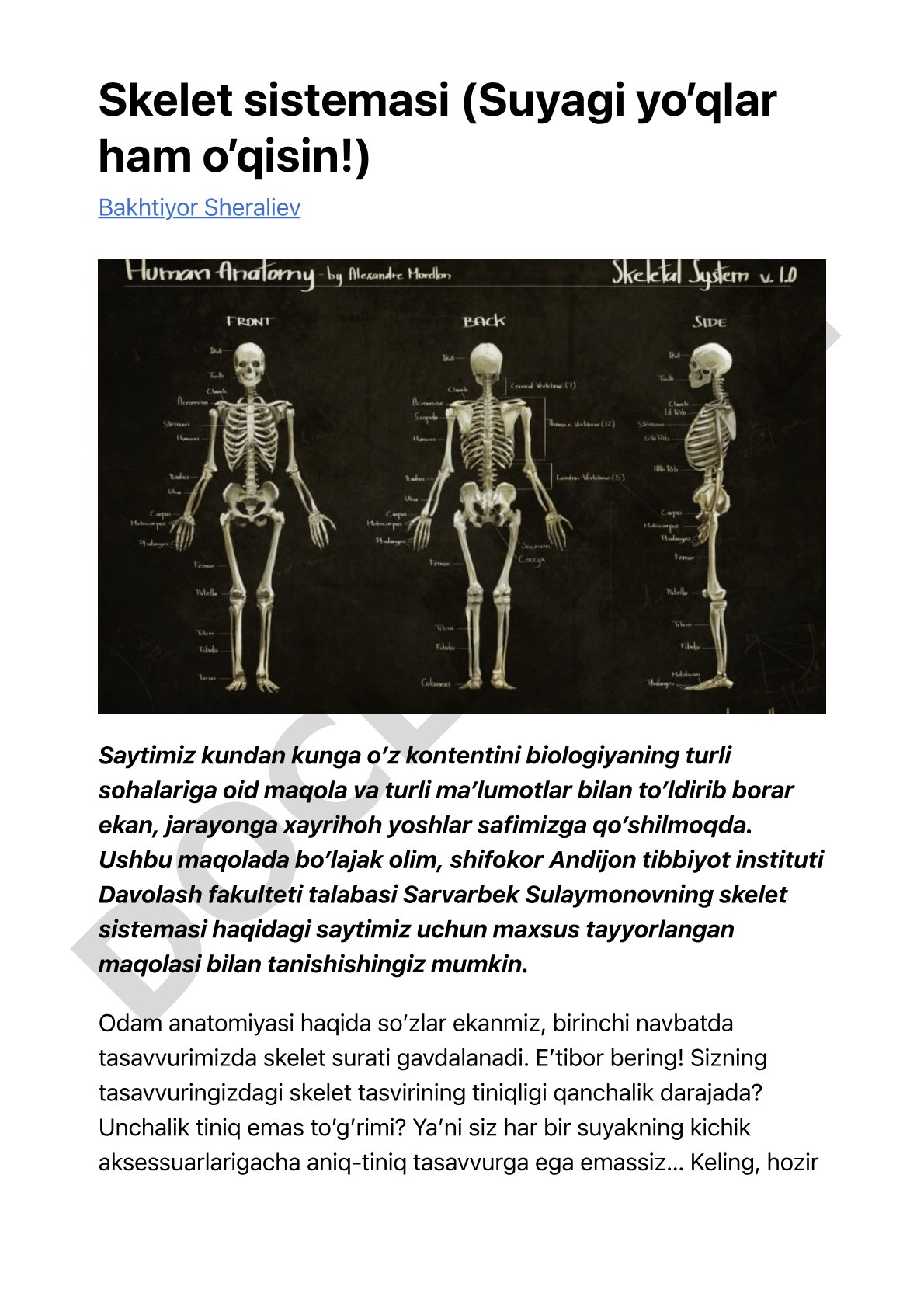 Skelet sistemasi (Suyagi yo’qlar ham o’qisin!)