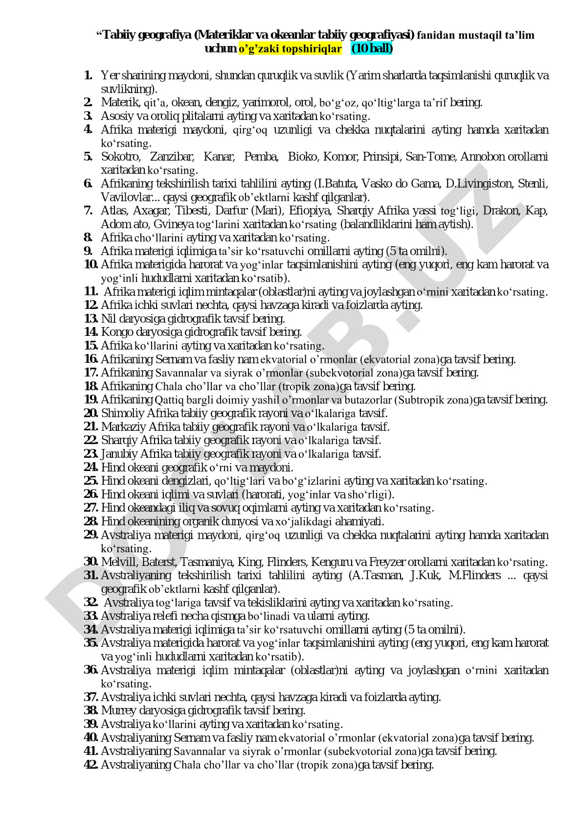 Tabiiy geografiya (Materiklar va okeanlar tabiiy geografiyasi) mustaqil ta’lim topshiriqlari