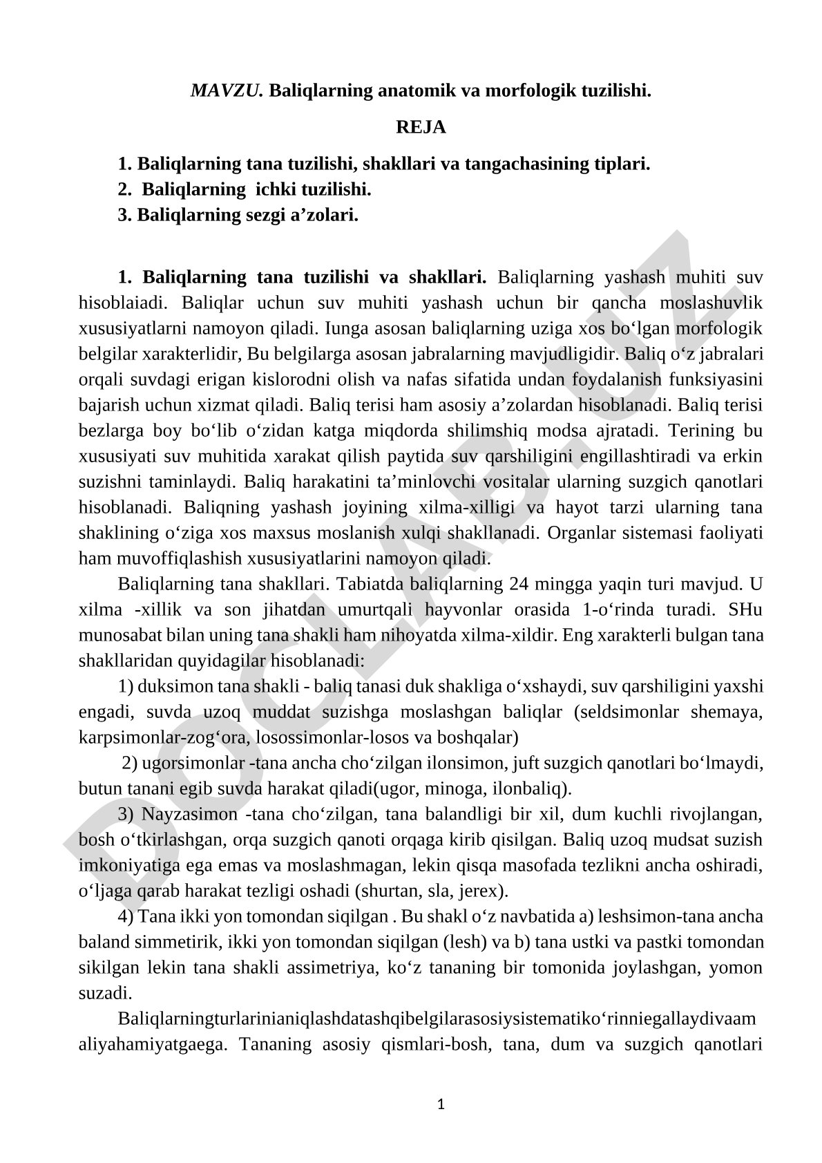 Baliqlarning anatomik va morfologik tuzilishi
