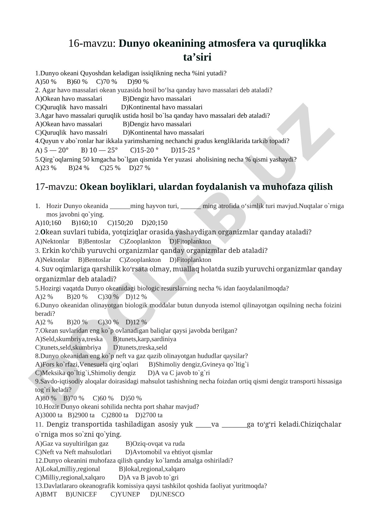 Dunyo okeanining atmosfera va quruqlikka ta’siri
