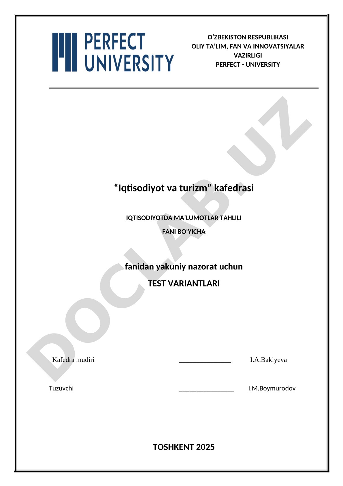 Iqtisodiyotda ma'lumotlar tahlili fanidan yakuniy nazorat test variantlari