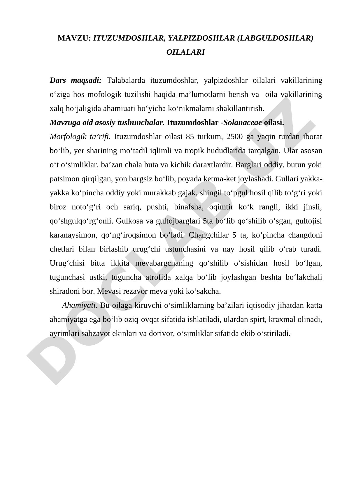 ITUZUMDOSHLAR, YALPIZDOSHLAR (LABGULDOSHLAR) OILALARI