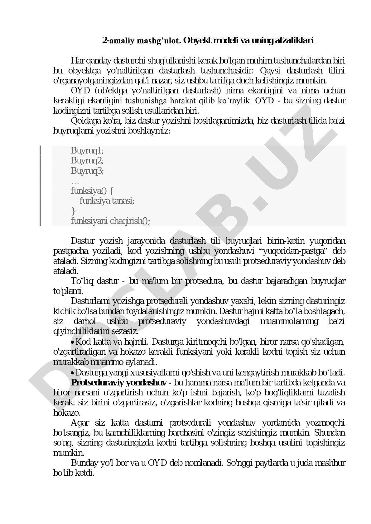 Obyekt modeli va uning afzaliklari