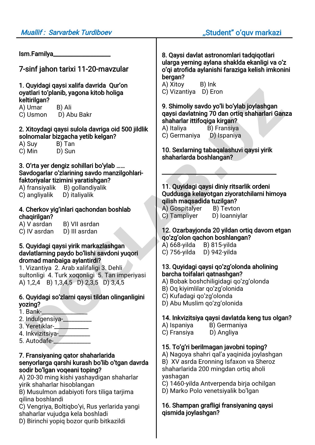7-sinf jahon tarixi 11-20-mavzular