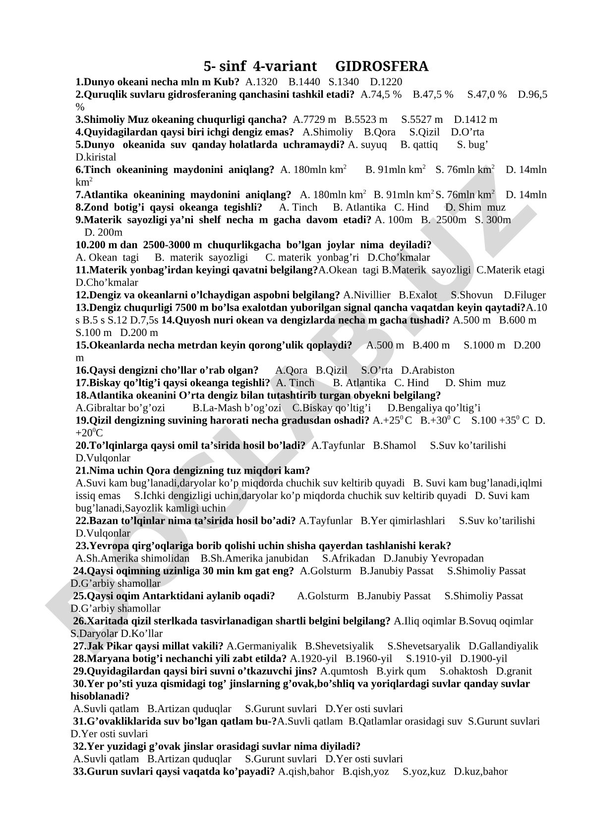 5-sinf geografiya fanidan gidrosfera mavzusidagi test savollari (4-variant)