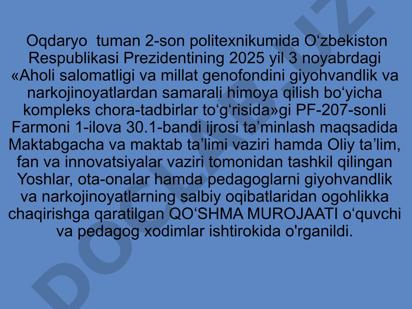 Giyohvandlikka qarshi kurash bo'yicha qo'shma murojaatni o'rganish