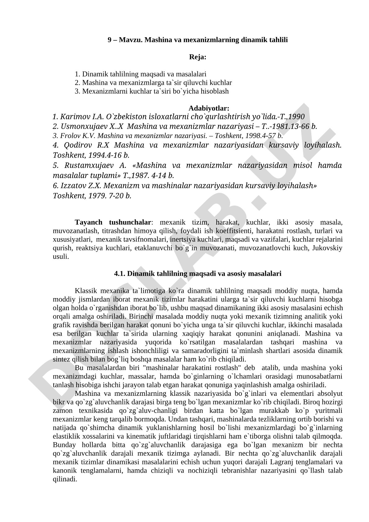 Mashina va mexanizmlarning dinamik tahlili