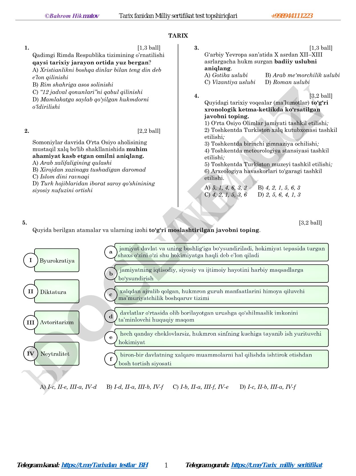 Tarix fanidan Milliy sertifikat test topshiriqlari