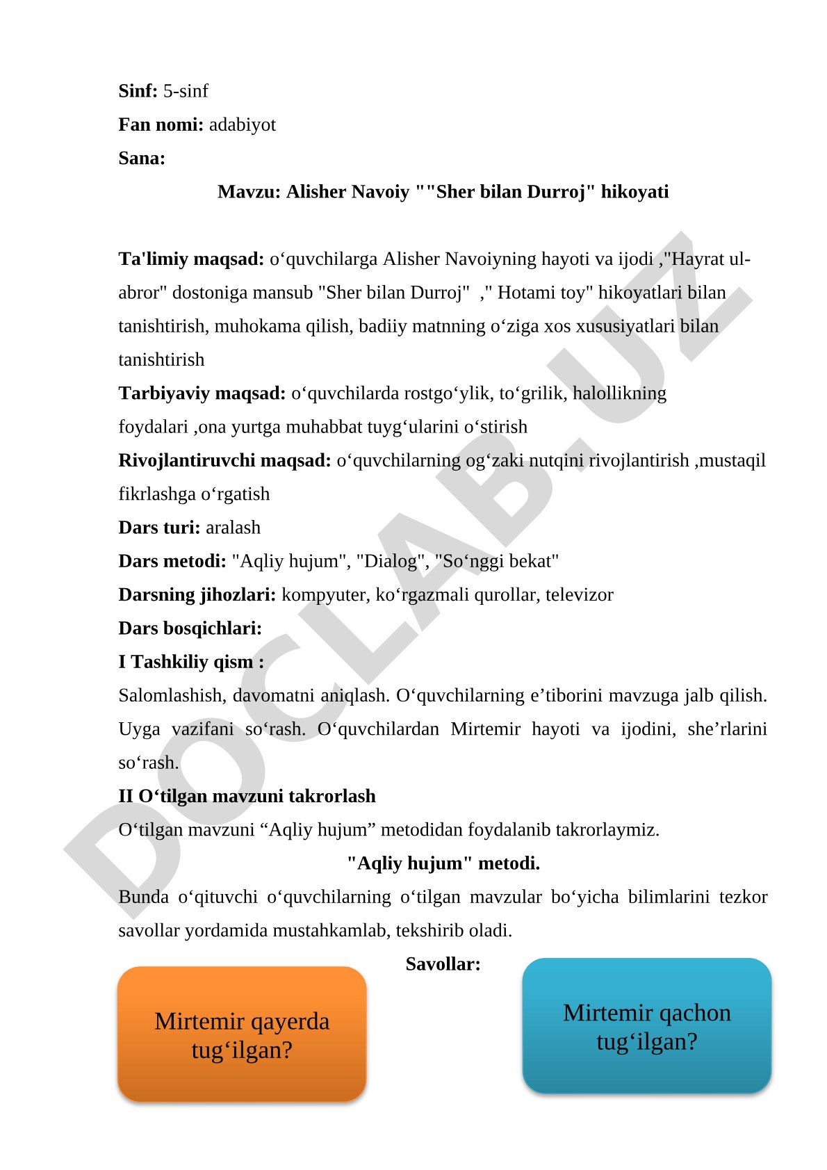 Alisher Navoiy 'Sher bilan Durroj' hikoyati