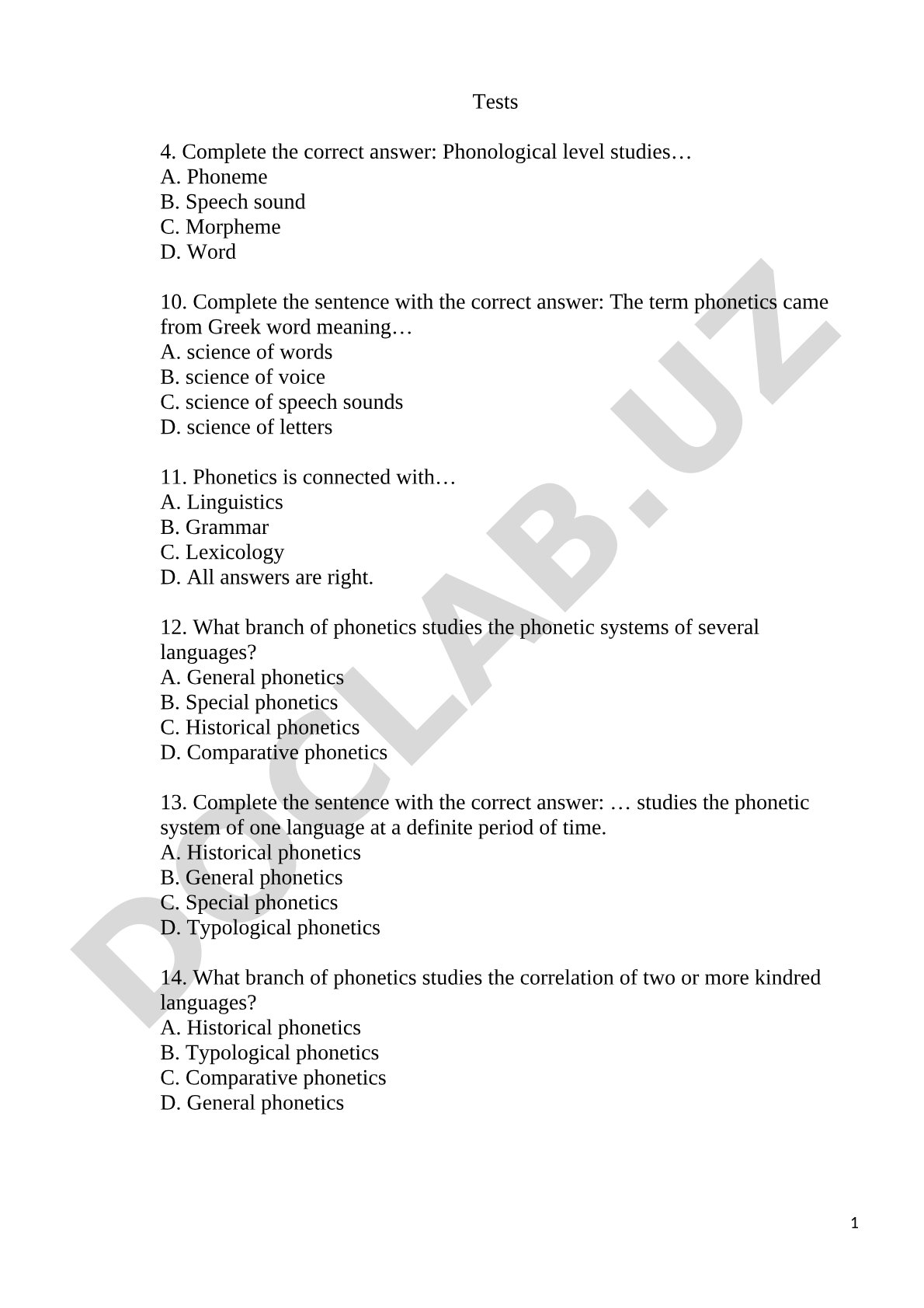 Multiple-choice questions about phonetics, its branches, and English vowel sounds