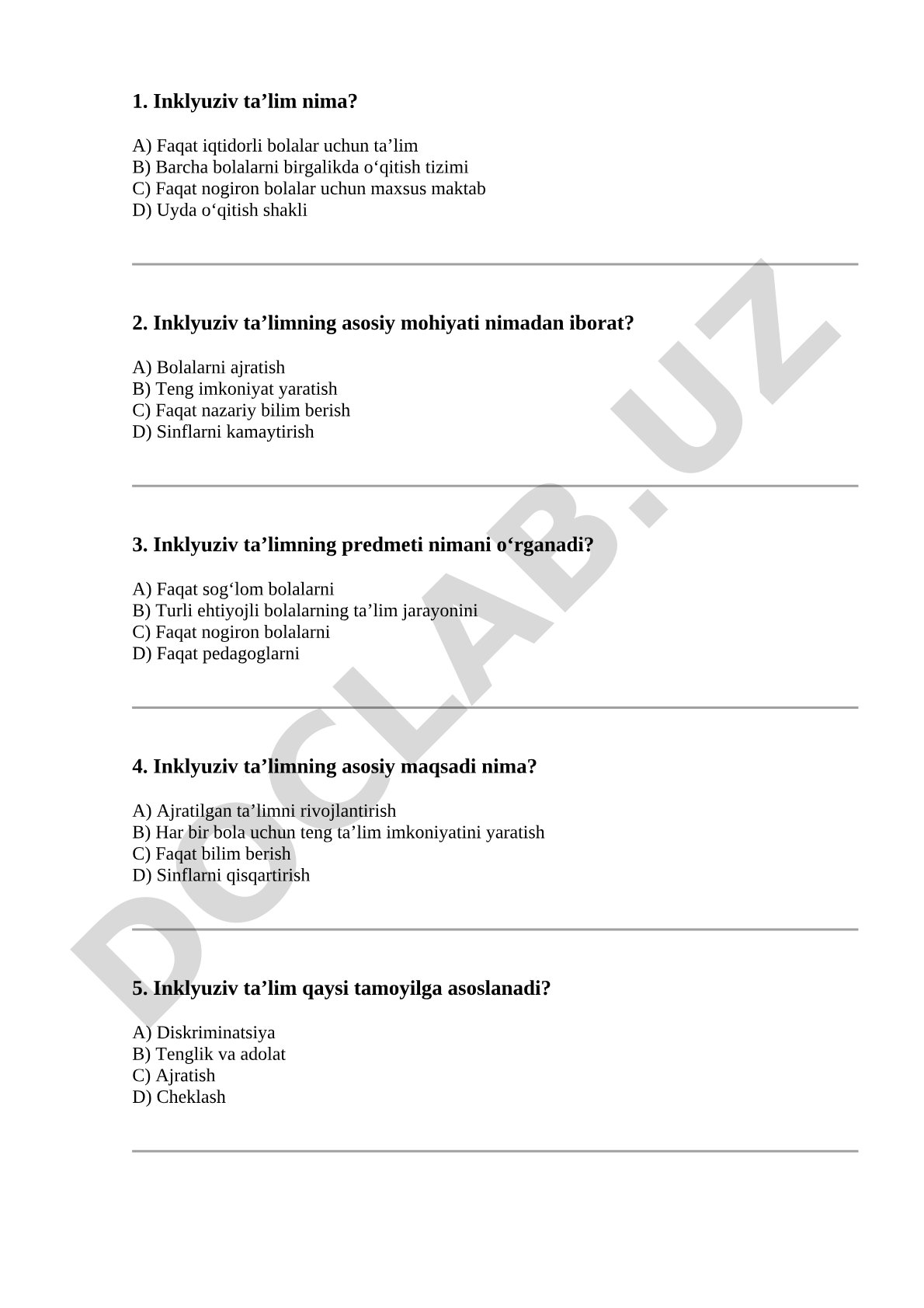 Inklyuziv ta'lim test savollari