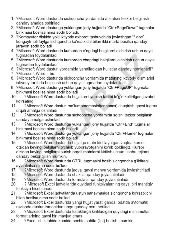 Microsoft Word dasturida ishlash bo'yicha test savollari