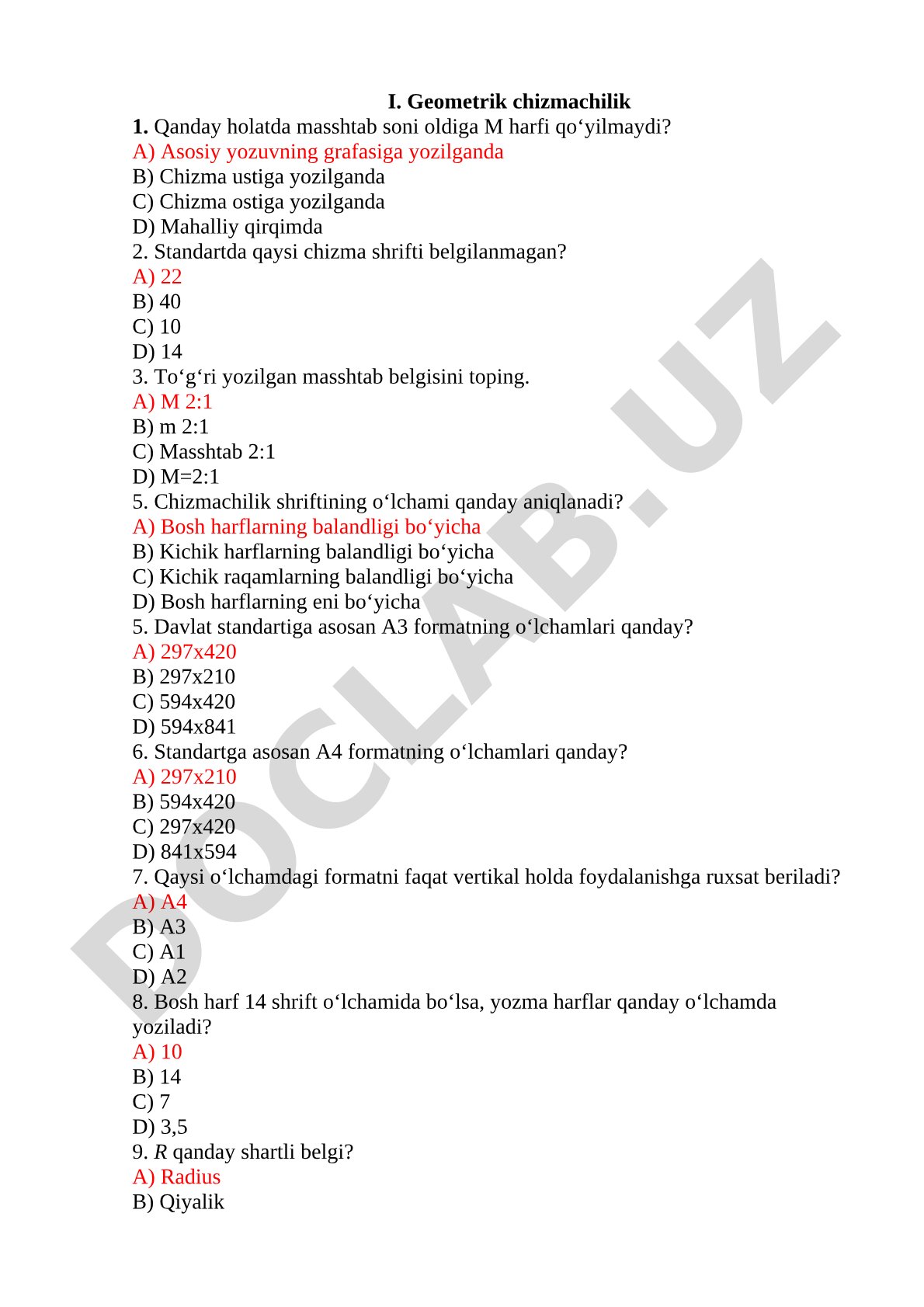 Geometrik chizmachilik bo'yicha test savollari