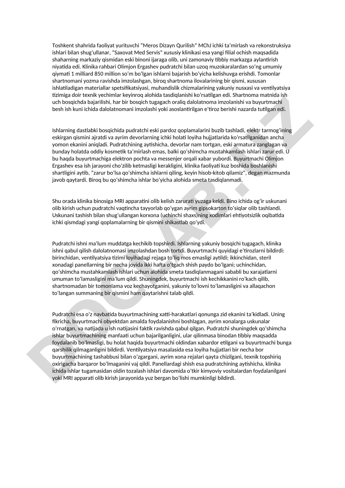 Klinika binosini rekonstruksiya qilish pudrat shartnomasi