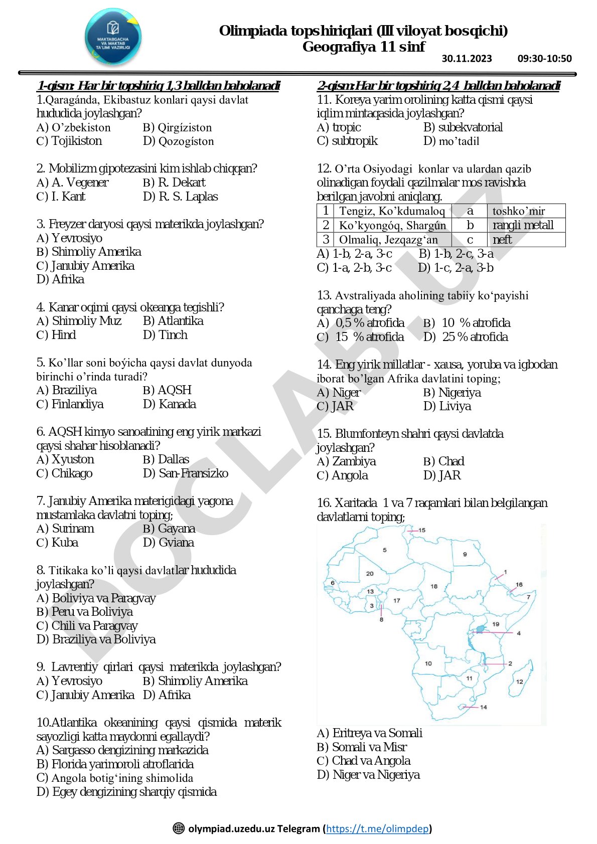 Olimpiada topshiriqlari (III viloyat bosqichi) Geografiya 11 sinf