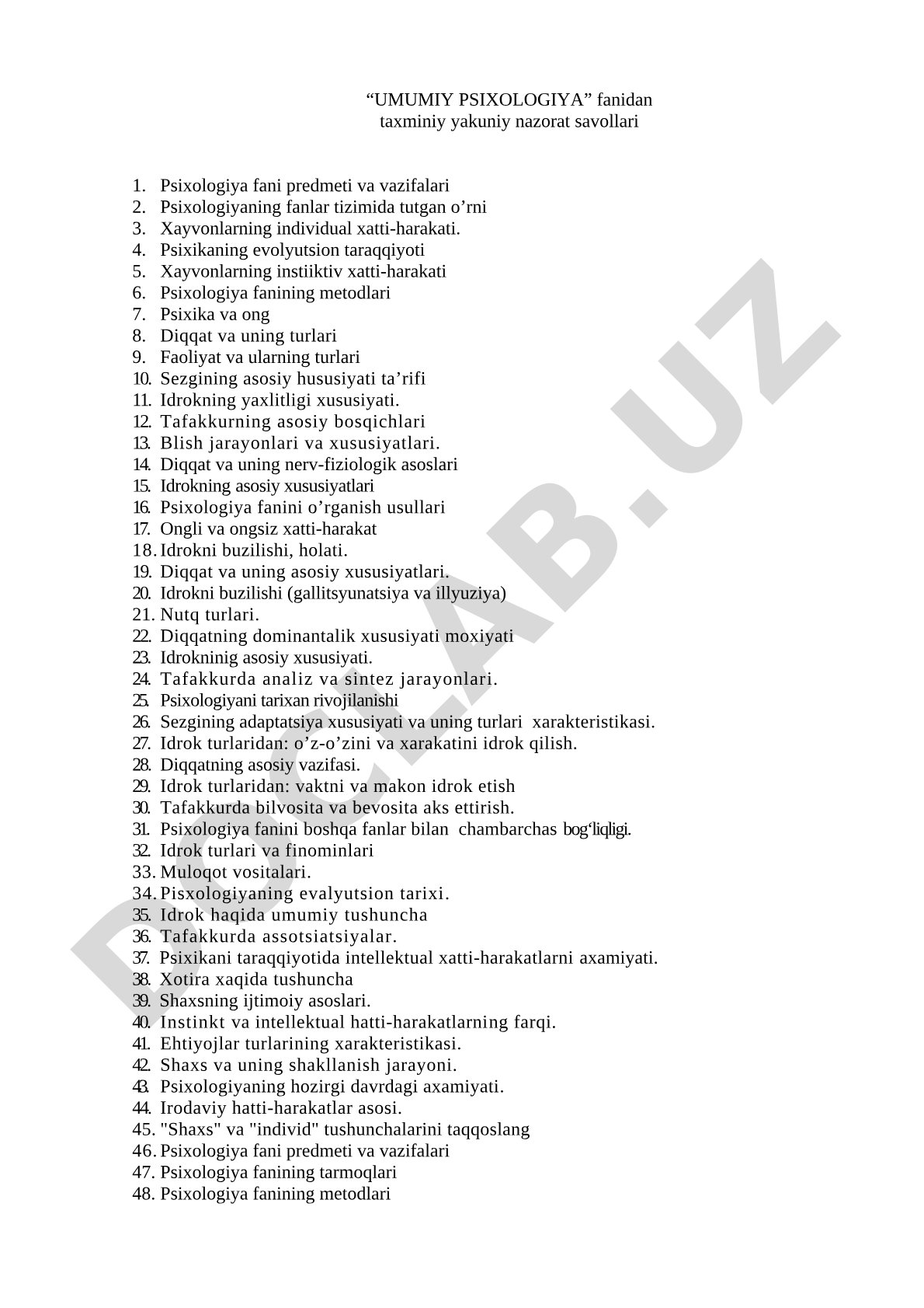 Umumiy psixologiya fanidan yakuniy nazorat savollari