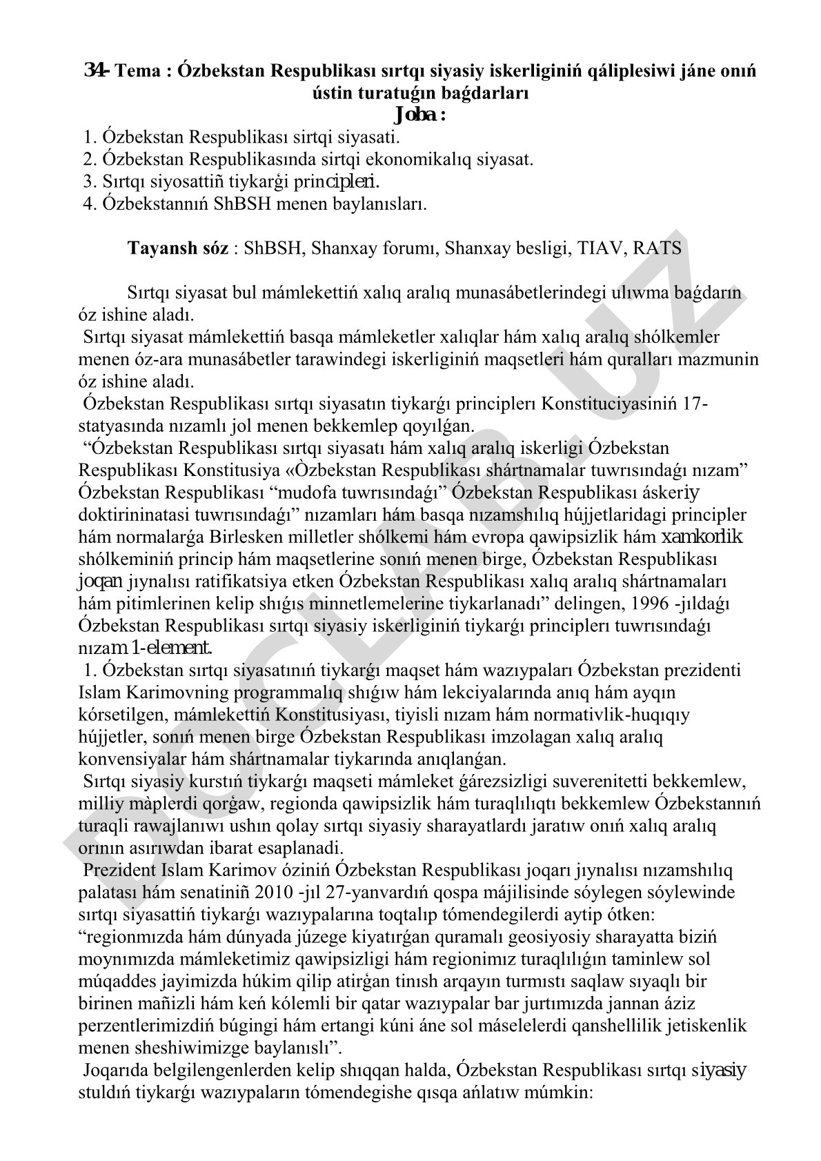 Ózbekstan Respublikası sırtqı siyasiy iskerliginiń qáliplesiwi jáne onıń ústin turatuǵın baǵdarları
