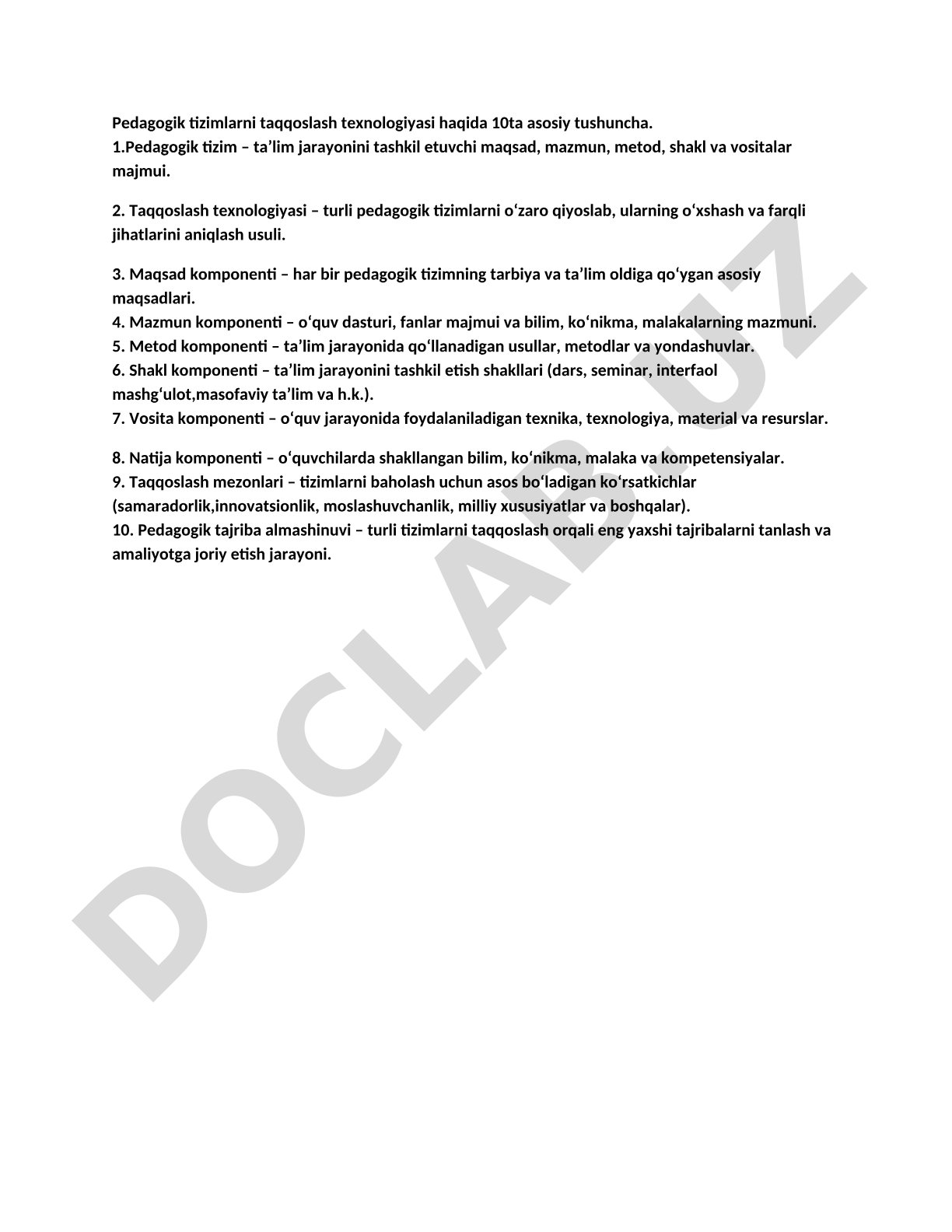 Pedagogik tizimlarni taqqoslash texnologiyasi bo'yicha asosiy tushunchalar
