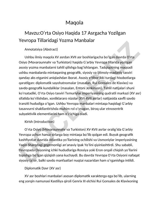 Oʻrta Osiyo haqida 17 asrgacha yozilgan Yevropa tillaridagi yozma manbalar
