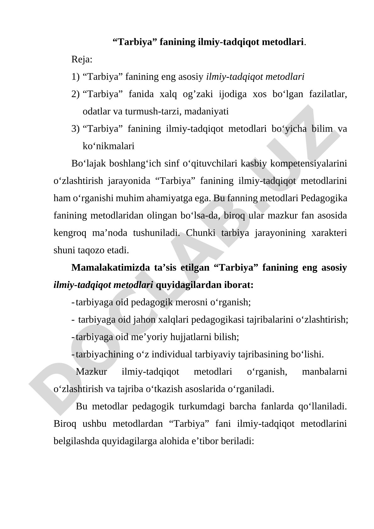 Tarbiya fanining ilmiy-tadqiqot metodlari