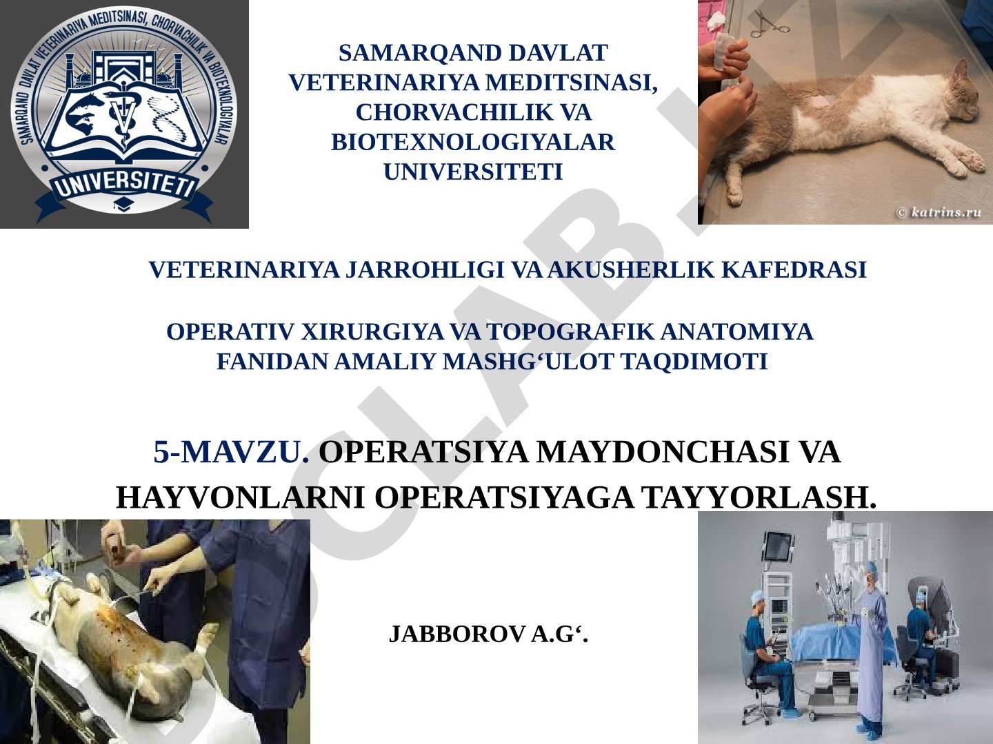 OPERATSIYA MAYDONCHASI VA HAYVONLARNI OPERATSIYAGA TAYYORLASH