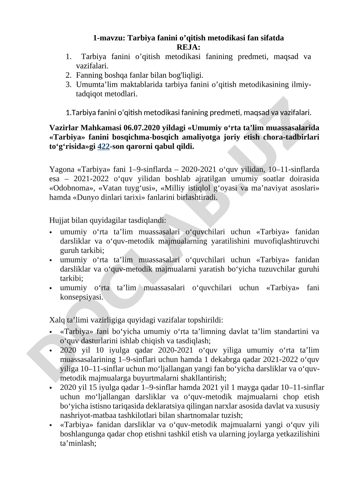 Tarbiya fanini o’qitish metodikasi fan sifatda