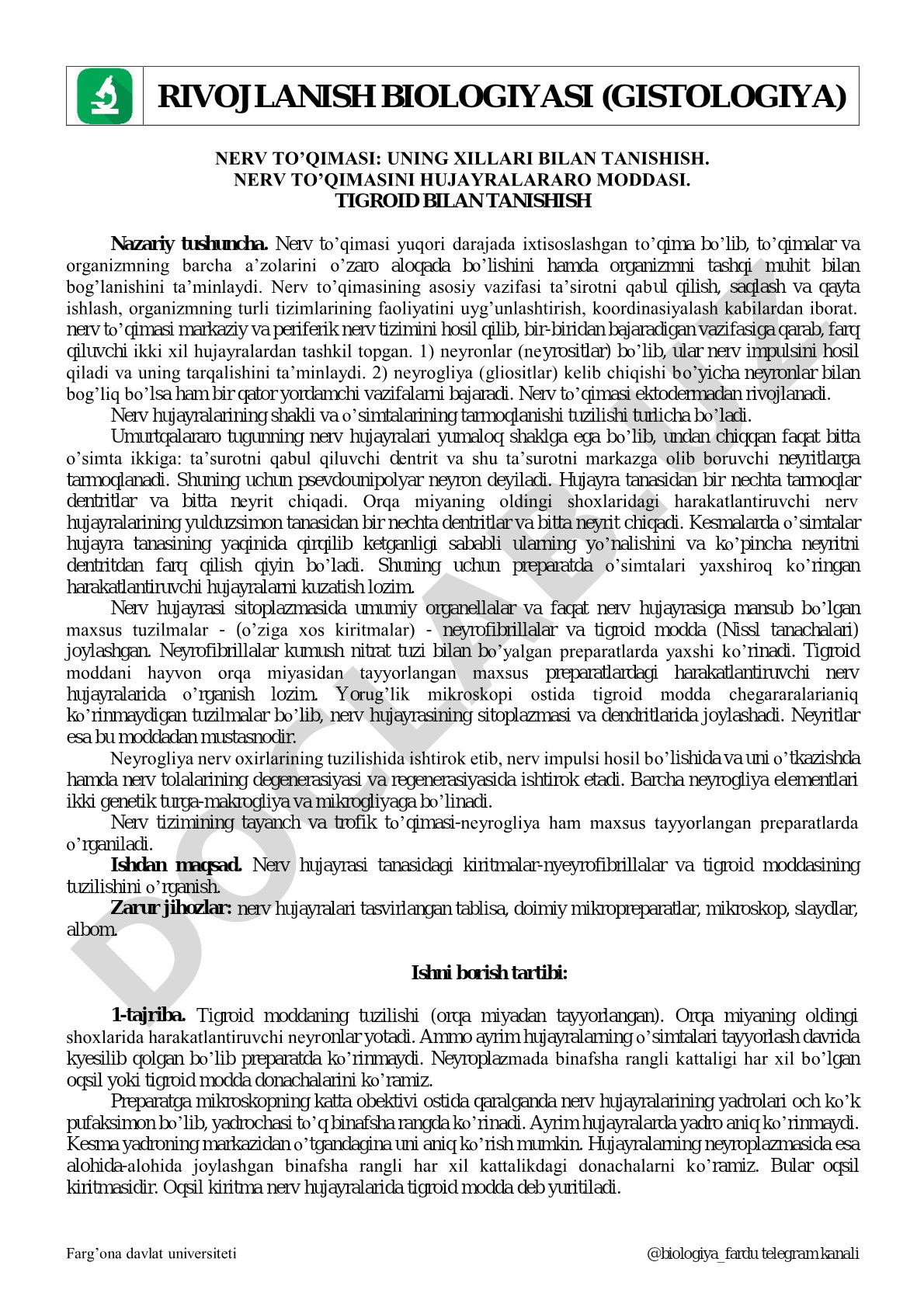Nerv to'qimasi: uning xillari, hujayralararo moddasi va tigroid