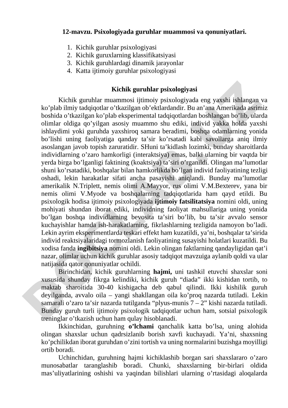 Psixologiyada guruhlar muammosi va qonuniyatlari