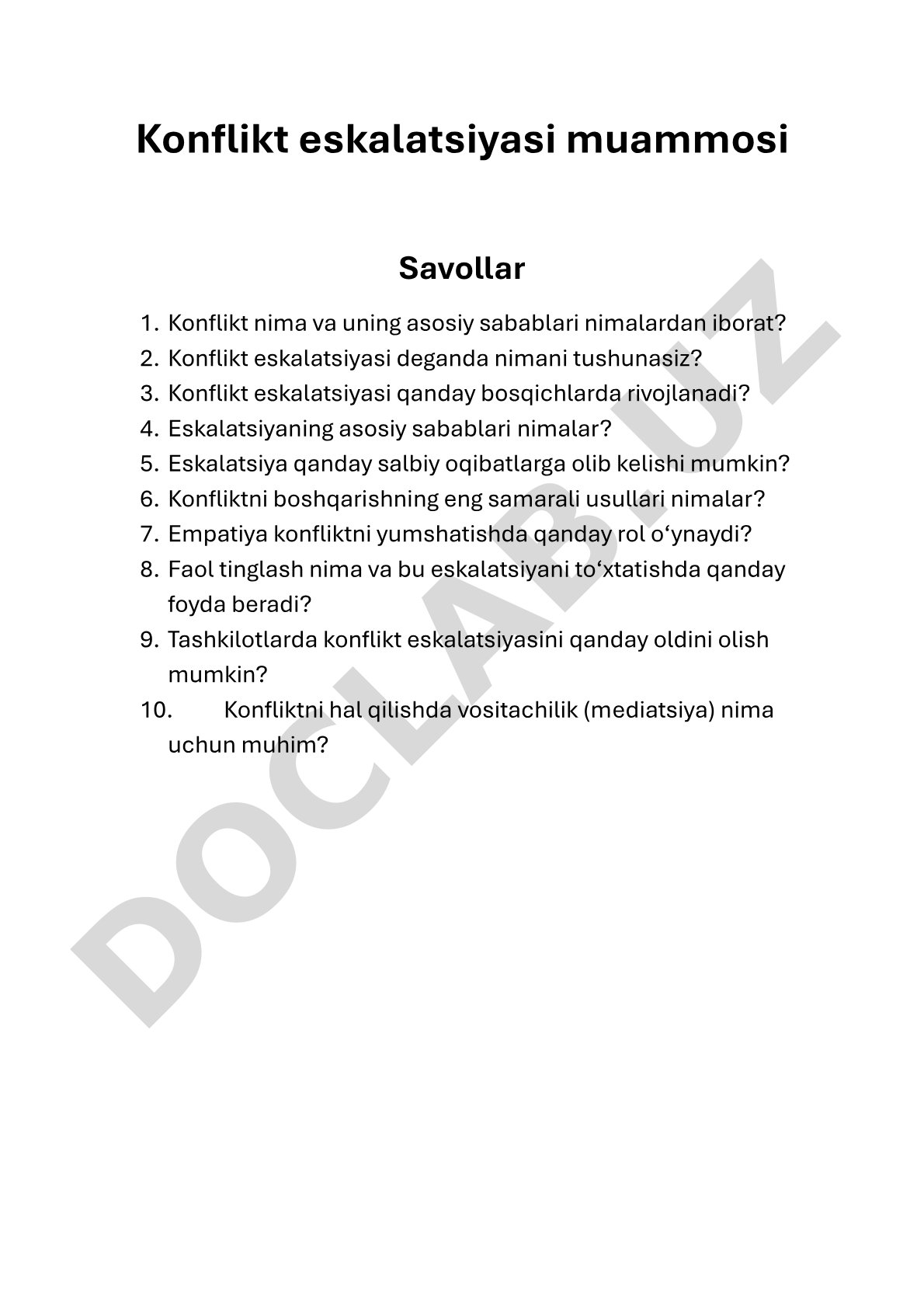 Konflikt eskalatsiyasi bo'yicha nazariy savollar va vaziyatli masalalar