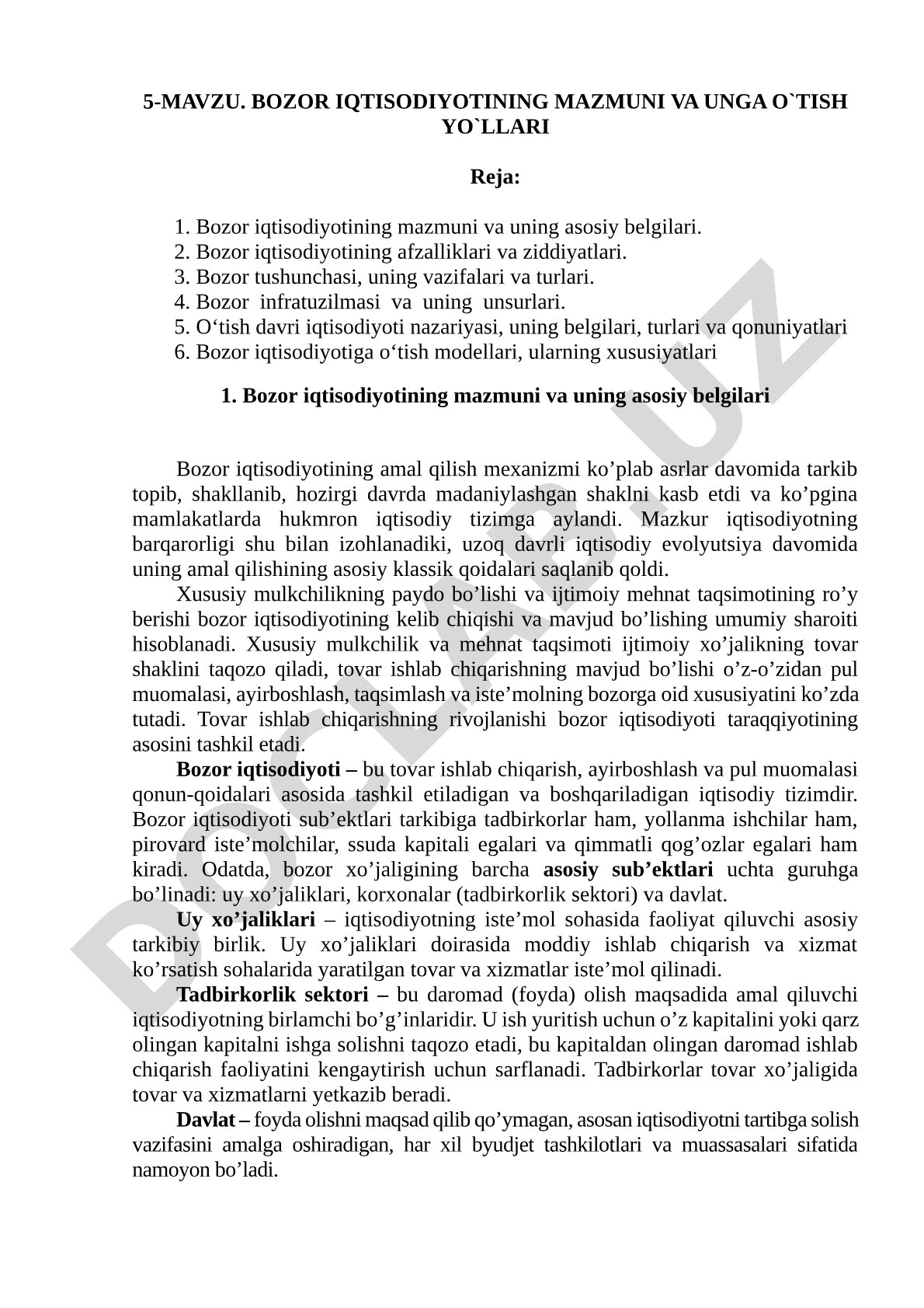 Bozor iqtisodiyotining mazmuni va unga o'tish yo'llari