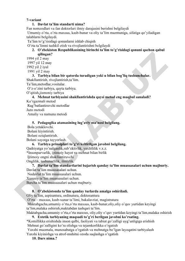 Pedagogika fanidan test savollari va javoblari